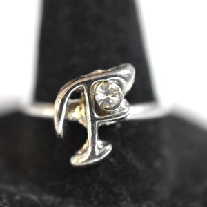 Gorgeous Initial "F" Rhinestone Accent Silver Tone Metal Adj. Size 10-11 Ring